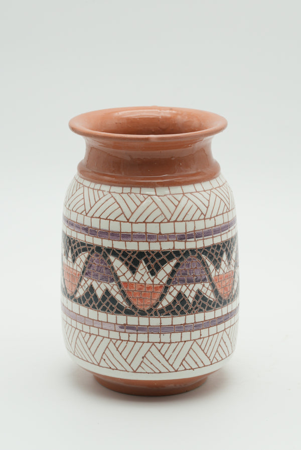 Geometric Heritage Mosaic Ceramic Vase – Terracotta & Plum