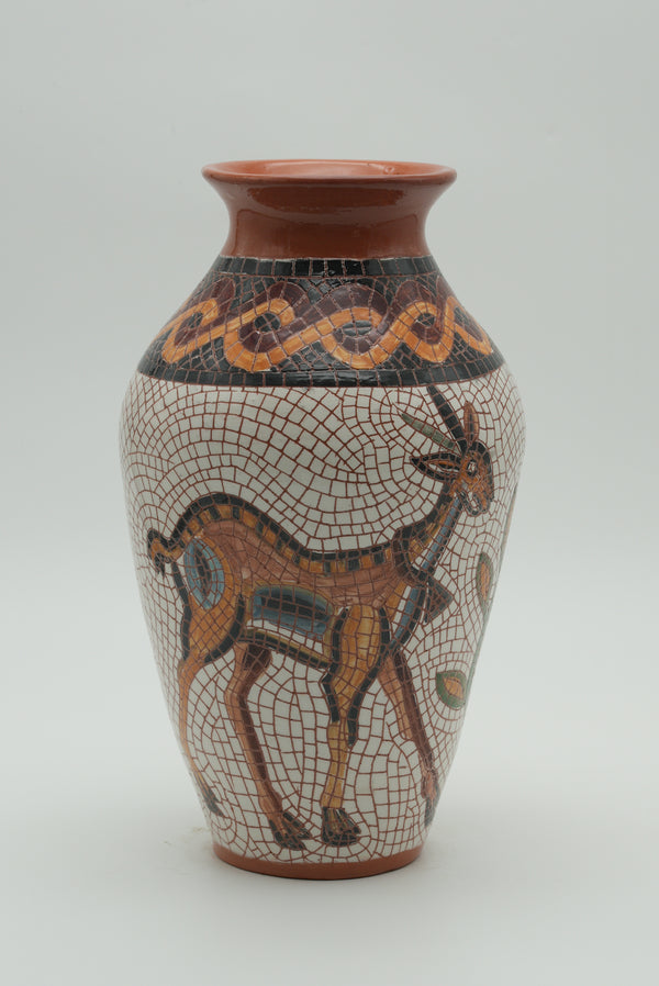 Desert Gazelle & Floral Mosaic Ceramic Vase – Terracotta