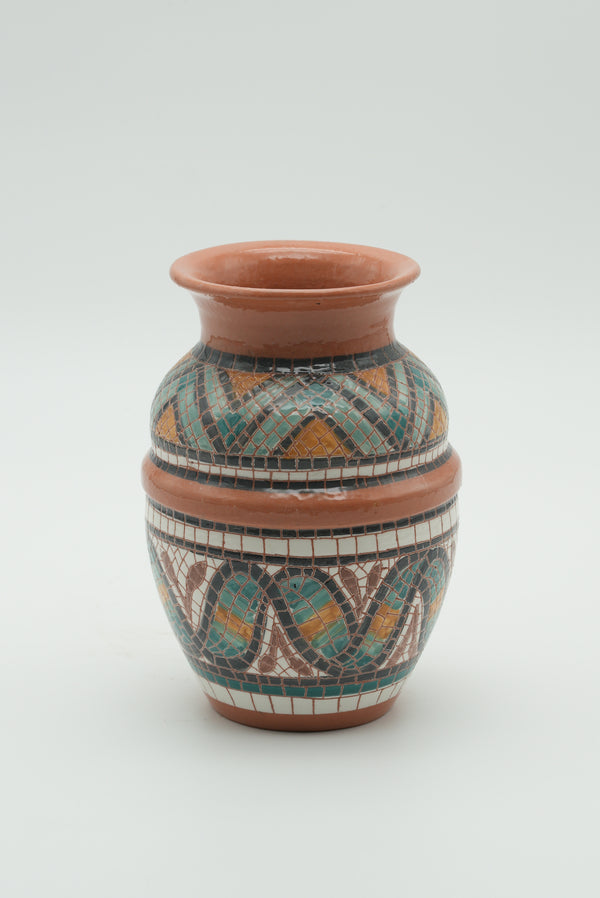 Geometric Heritage Mosaic Ceramic Vase – Turquoise & Terracotta