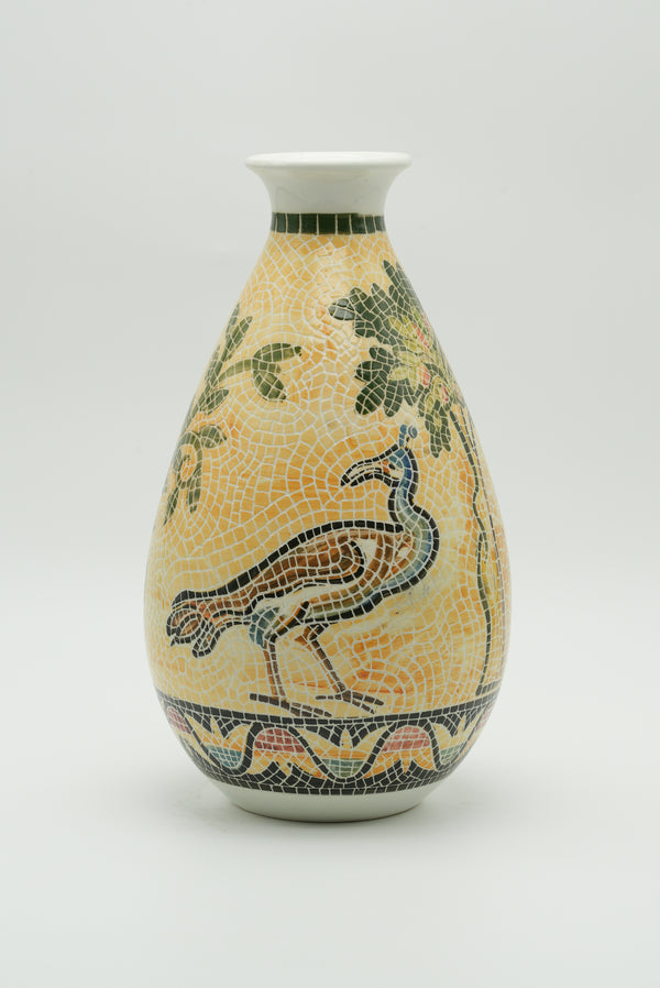 Peacock & Vine Mosaic Ceramic Vase – Golden Yellow