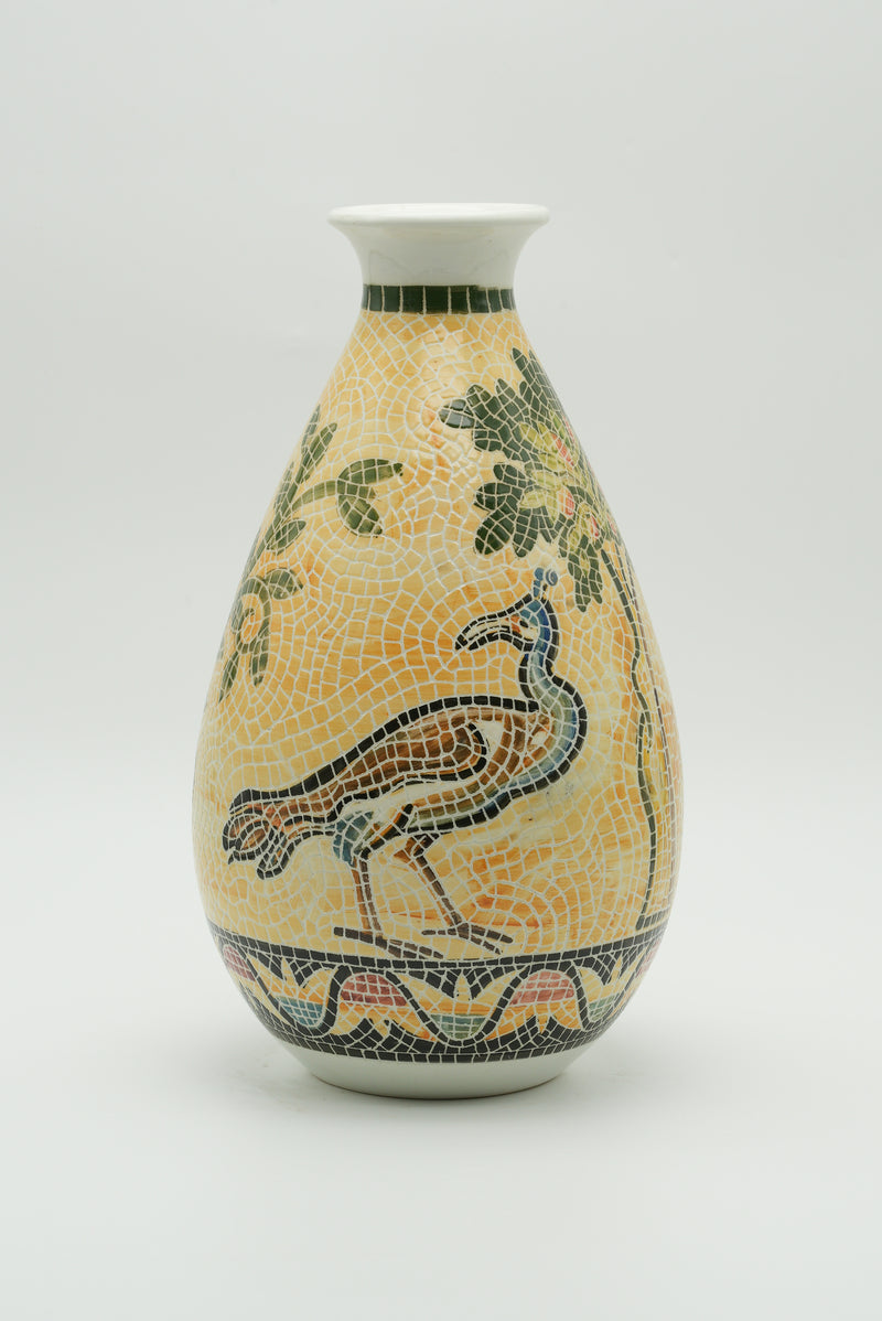 Peacock & Vine Mosaic Ceramic Vase – Golden Yellow