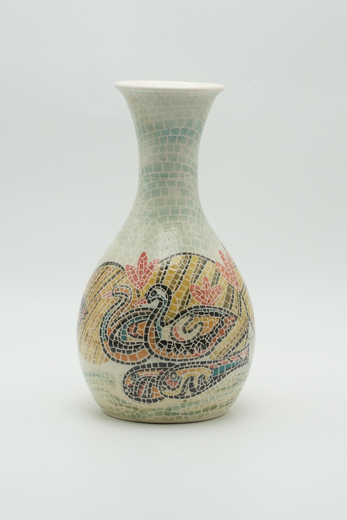 Waterfowl Mosaic Ceramic Vase – Pale Aqua