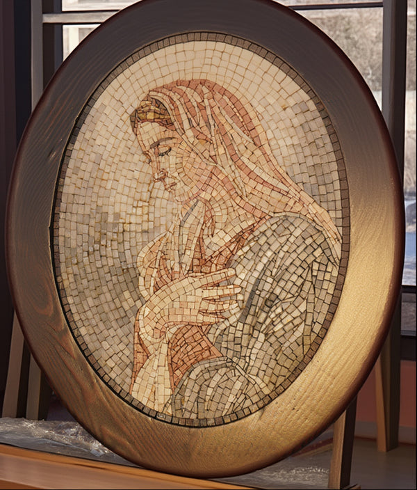 Intricate mosaic artwork featuring a serene figure with soft earth tones — crafted on a round wooden frame.