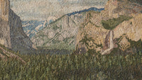 Intricate landscape mosaic artwork featuring a serene mountain scene with textured natural colors and detailed foliage.