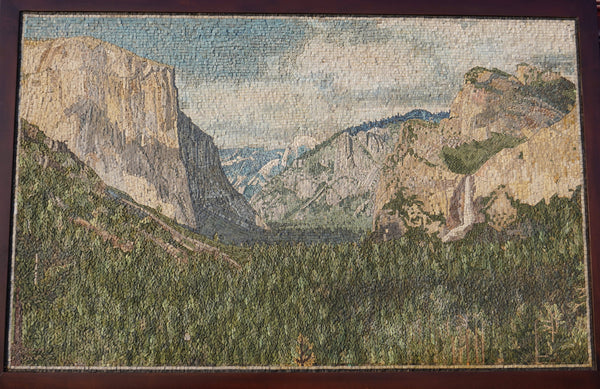 Intricate mosaic artwork depicting a serene mountain landscape with lush greenery and dramatic cliffs under a bright sky