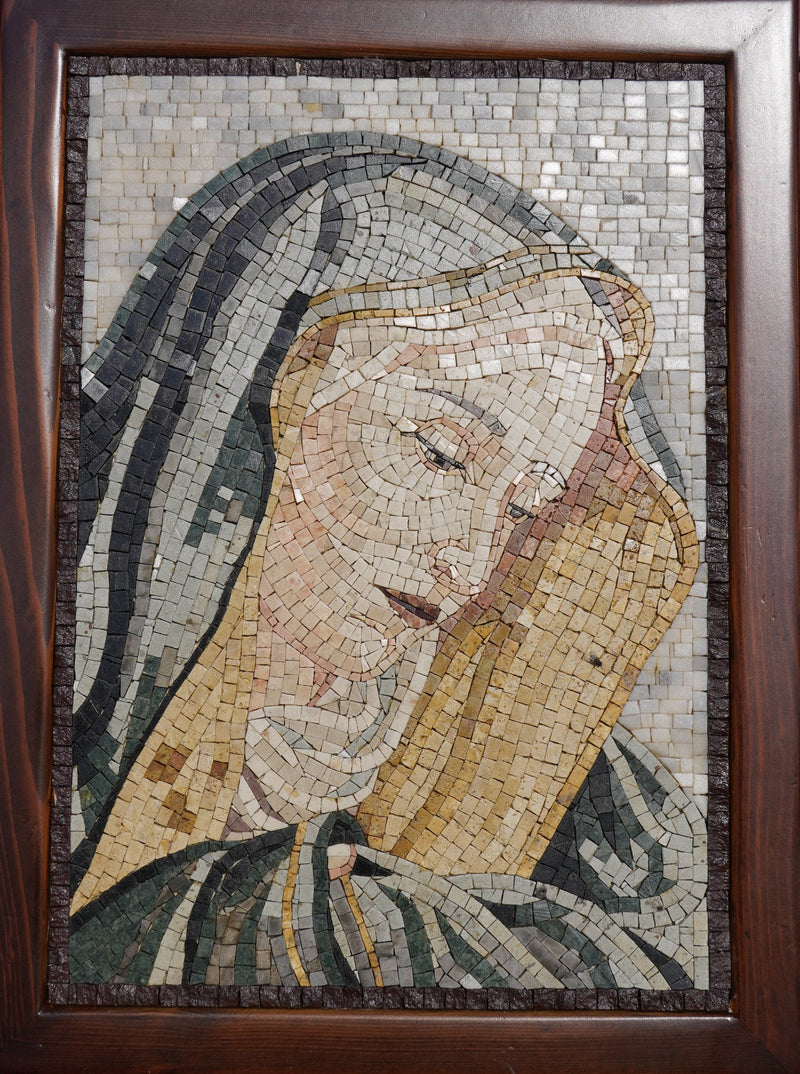 Intricate mosaic artwork depicting a serene figure with a flowing grey and beige cloak, capturing delicate facial features.