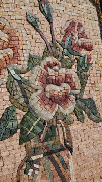 Intricate floral mosaic art featuring a vibrant bouquet in earthy tones with detailed textures and natural stone finishes