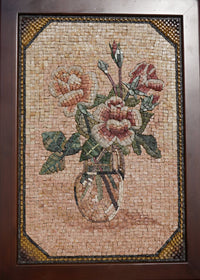Intricate mosaic art featuring a vase of blooming roses crafted from colorful stone pieces — a stunning display of craftsmanship.