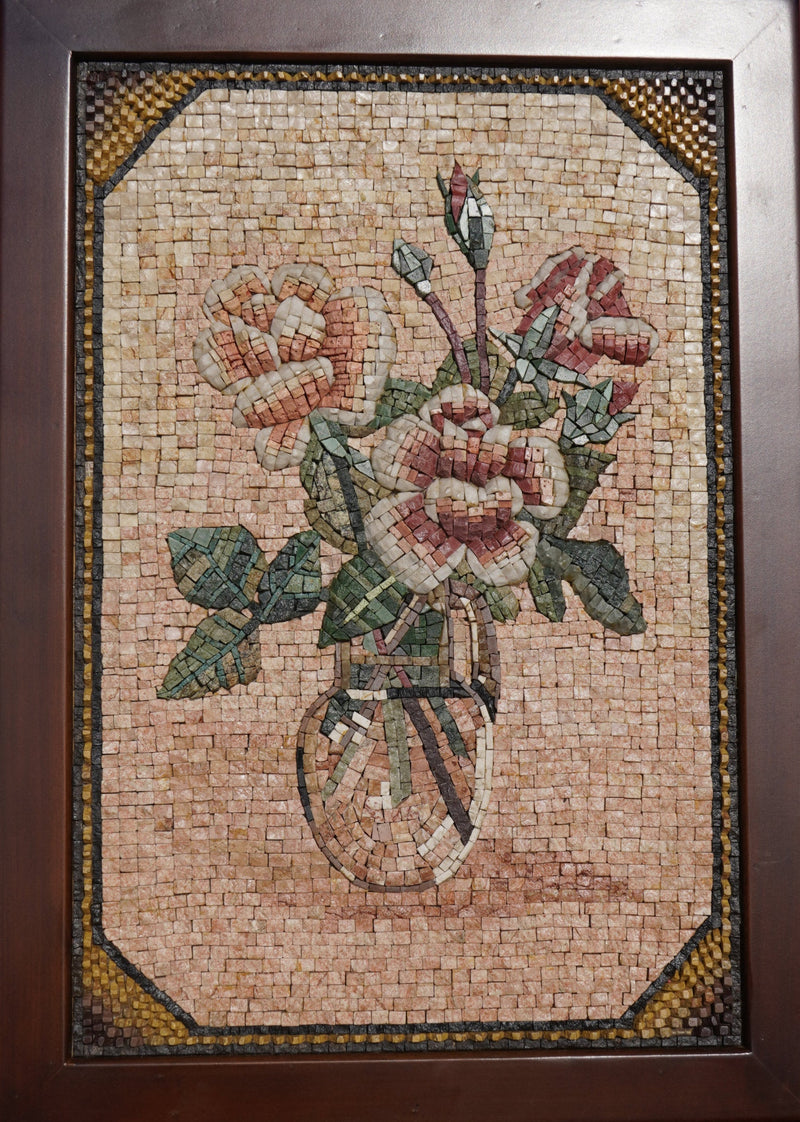 Intricate mosaic art featuring a vase of blooming roses crafted from colorful stone pieces — a stunning display of craftsmanship.
