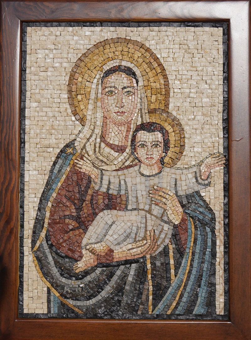 Intricate mosaic artwork depicting a serene Madonna holding a child, framed in rich wood with warm, earthy tones.