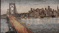 Intricate mosaic artwork depicting the Bay Bridge against a twilight skyline — vibrant tiles capturing the city’s glow.