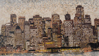 Intricate mosaic artwork depicting a city skyline at dusk — textured tiles create a warm, inviting atmosphere.