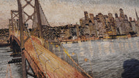 Intricate mosaic art depicting the Golden Gate Bridge against a city skyline — vibrant colors and detailed textures create depth.