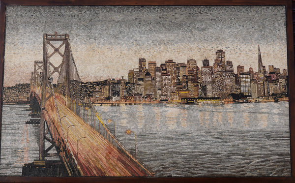 Intricate mosaic art depicting the San Francisco skyline at dusk — featuring vibrant colors and textured details.