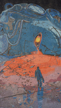 A vibrant mural featuring a large, abstract blue figure against an orange background — a striking visual of surreal artistry.