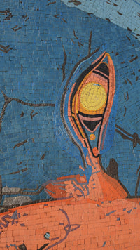 Vibrant mosaic artwork featuring a stylized figure with a sun motif, set against a textured blue background.