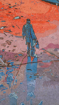 A vibrant mosaic artwork featuring a figure in a blue coat standing on a colorful tiled surface — striking contrast of reds and blues.