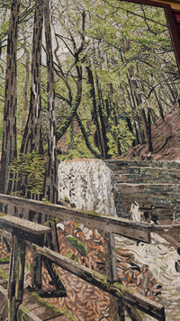 Intricate mosaic artwork depicting a serene forest scene with vibrant green foliage and textured bark details.