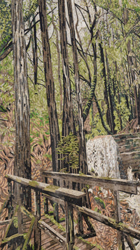 Intricate mosaic artwork depicting a serene forest scene with textured tree trunks and vibrant greenery.