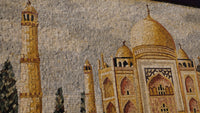 Intricate mosaic wall art depicting the Taj Mahal in warm earth tones — a stunning blend of craftsmanship and cultural heritage