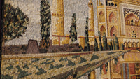 Intricate mosaic artwork featuring a vibrant palette of earthy tones and geometric patterns inspired by historical architecture
