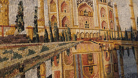 Intricate mosaic artwork depicting a historic palace with warm golden hues reflecting in water — a stunning display of craftsmanship