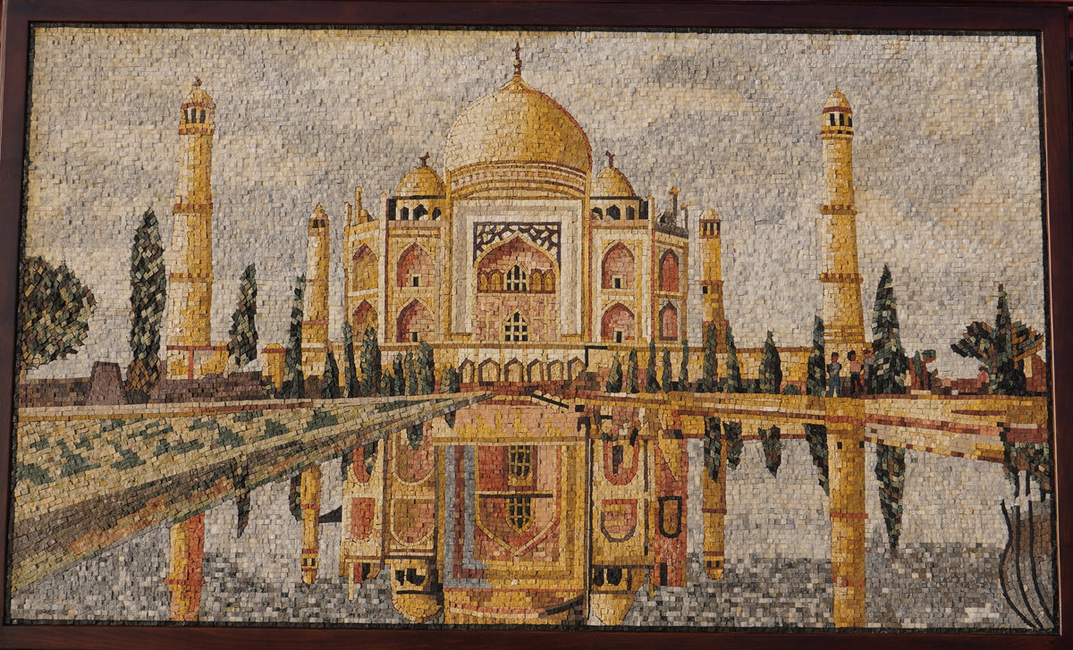 Intricate mosaic artwork depicting the Taj Mahal in warm hues — detailed craftsmanship reflecting historic architecture.
