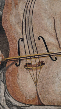 Intricate mosaic artwork featuring a close-up of a cello's body with detailed texture and warm earthy tones.