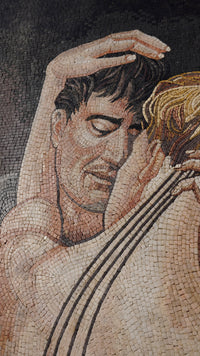 Intricate mosaic artwork depicting two figures in an intimate embrace — soft hues and detailed textures create a romantic atmosphere.