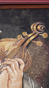 Intricate mosaic artwork featuring a musician with flowing hair — detailed depiction of a string instrument in warm tones