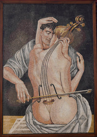 Intricate mosaic artwork depicting a couple embracing, with a cello elegantly positioned against a textured background.
