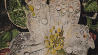 Intricate mosaic flower design featuring white petals with dew drops and vibrant yellow stamens against a dark background