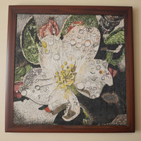 Vibrant floral wall art featuring a white flower with dew drops on textured canvas — framed in rich mahogany wood.