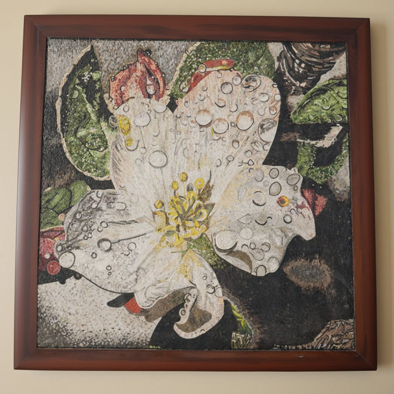 Vibrant floral wall art featuring a white flower with dew drops on textured canvas — framed in rich mahogany wood.