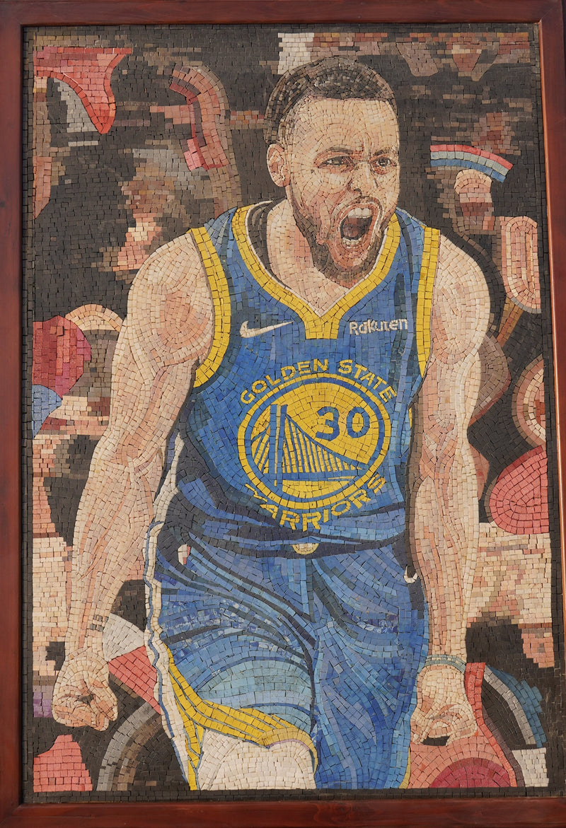 Vibrant mosaic artwork depicting a passionate basketball player in a blue and gold Golden State Warriors jersey