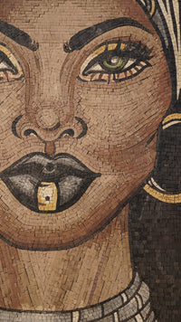 Intricate mosaic artwork featuring a stylized portrait of a woman with bold facial features and striking details in earthy tones.