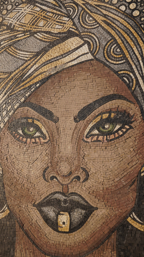 Intricate mosaic artwork featuring a woman's face with striking green eyes and bold black lips — detailed craftsmanship in earthy tones.
