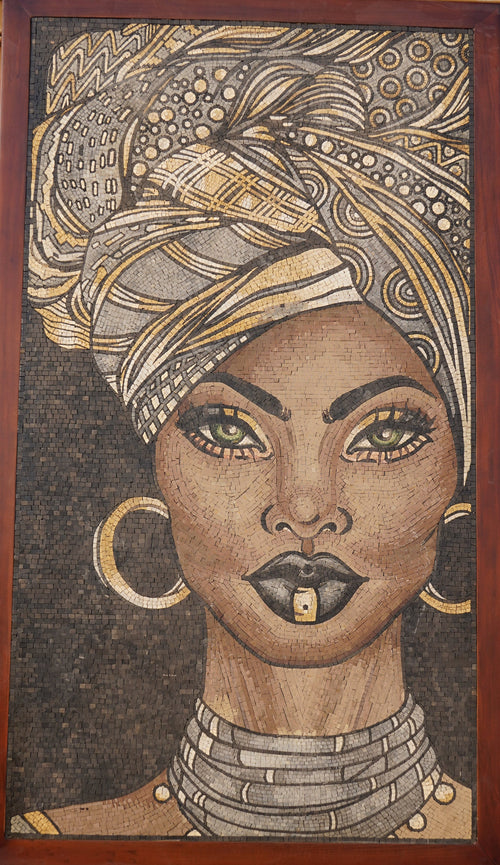 Intricate mosaic art featuring a woman with striking green eyes and a patterned headwrap — showcasing detailed craftsmanship and vibrant colors.