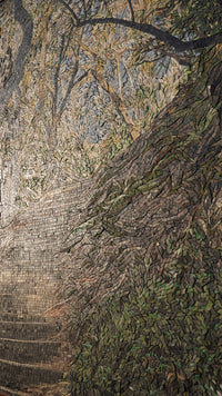 Intricate mosaic artwork depicting a serene forest path with textured stones and vibrant green foliage.