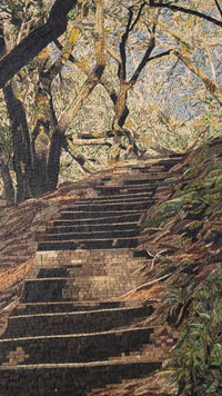 Intricate mosaic artwork depicting a serene staircase surrounded by textured foliage and dappled sunlight filtering through trees