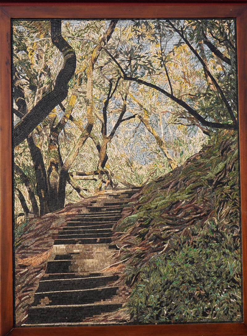 Intricate mosaic artwork depicting a sunlit staircase surrounded by lush greenery — nature's beauty captured in detail.