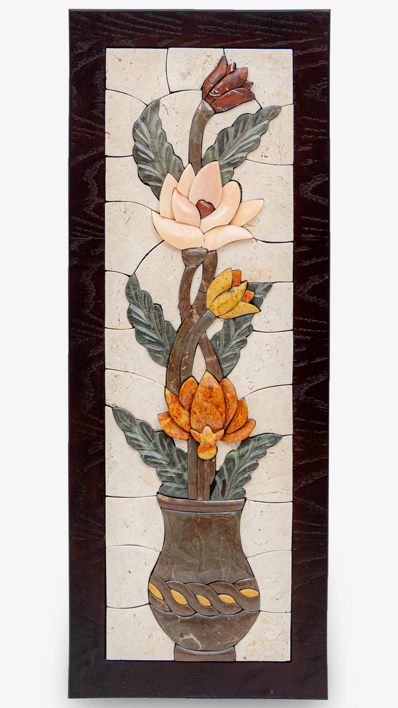 Intricate floral mosaic wall art featuring vibrant flowers in earthy tones set against a textured cream background.