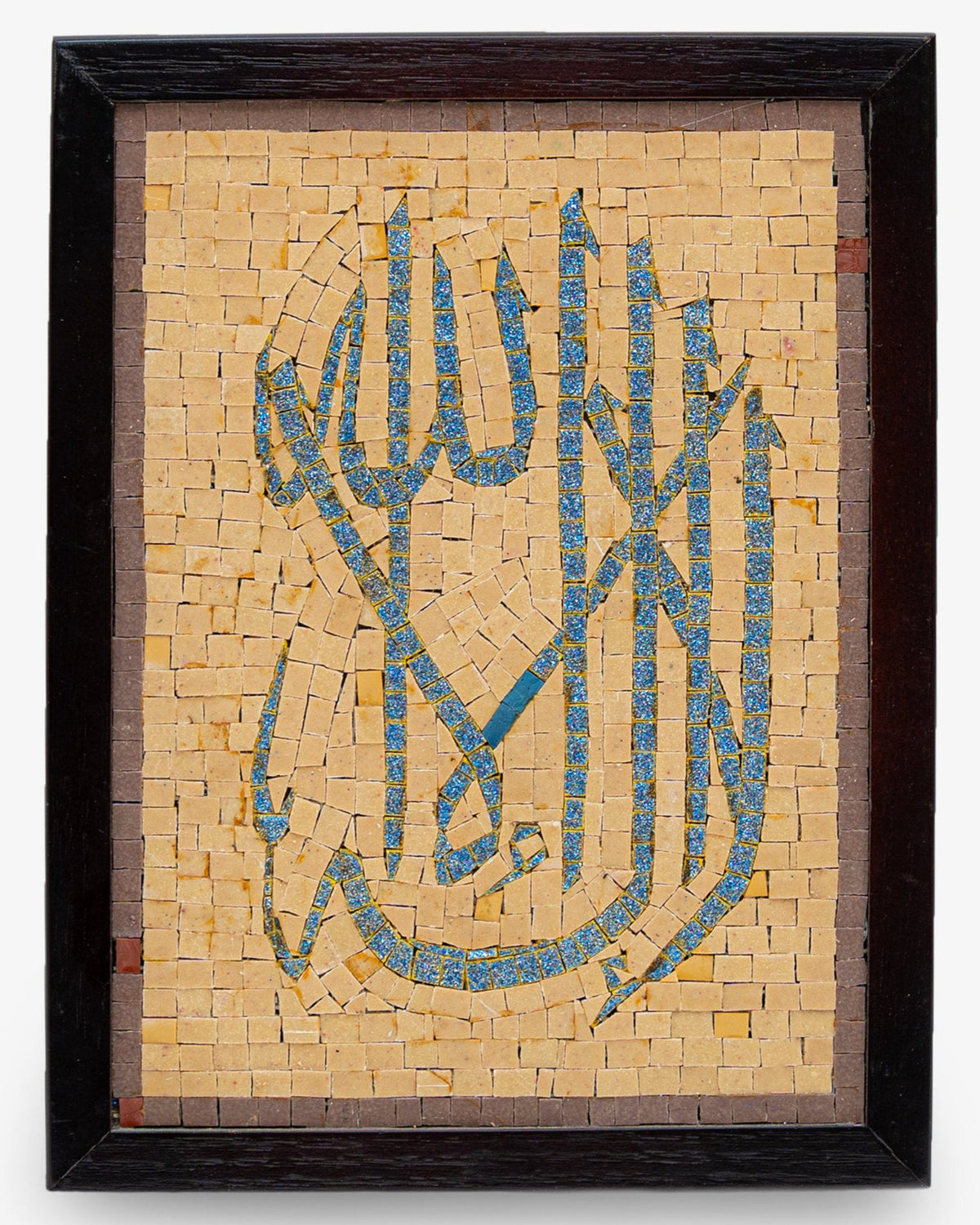 Intricate mosaic art piece featuring Arabic calligraphy in blue and gold tiles — framed in dark wood for elegant display