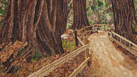 Intricate mosaic artwork depicting a serene forest path with towering trees and a wooden fence — vibrant natural colors create depth.