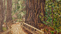 Intricate mosaic artwork depicting a forest path surrounded by towering trees — vibrant colors create a serene atmosphere