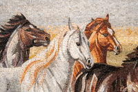 Artistic mosaic featuring three majestic horses in shades of brown and white — detailed craftsmanship showcasing dynamic movement.