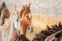 Intricate mosaic artwork featuring three horses in warm tones — a captivating blend of texture and artistry.