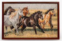 Vivid mosaic artwork featuring five galloping horses in shades of brown, black, and white against a golden field backdrop