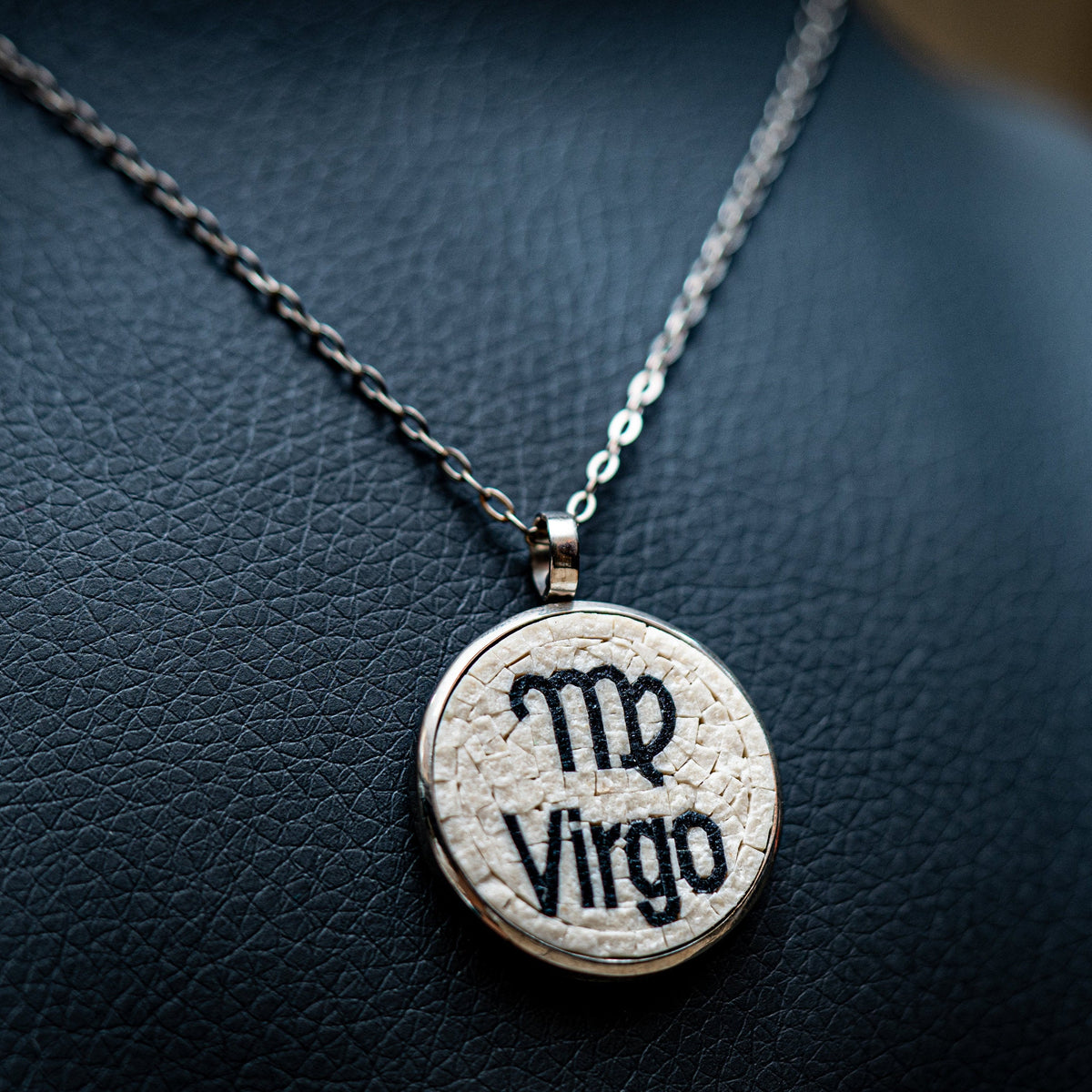 Unique Virgo pendant necklace crafted from textured resin on a silver-tone chain — a personalized astrological accessory.