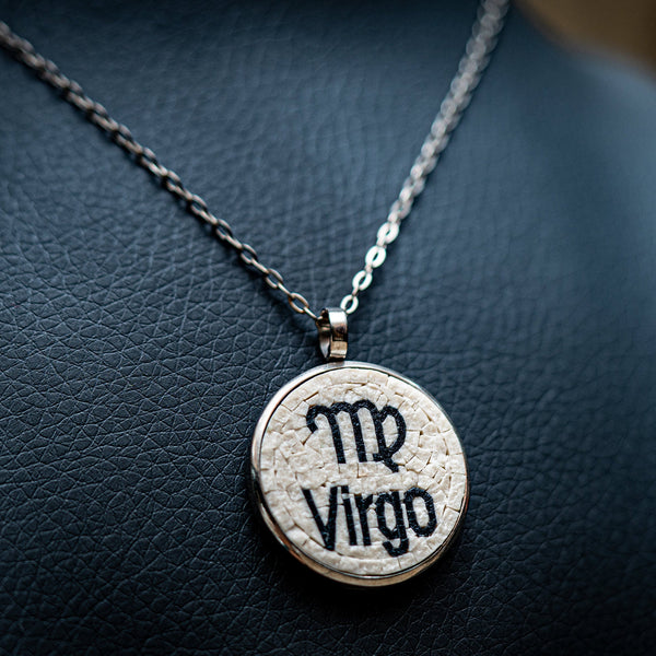 Unique Virgo pendant necklace crafted from textured resin on a silver-tone chain — a personalized astrological accessory.